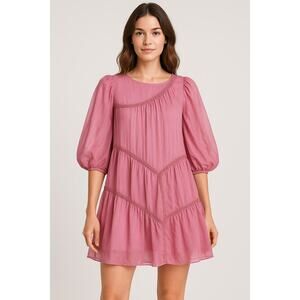 Pink sheer organza babydoll dress — puff sleeves / tiered — Blue B M